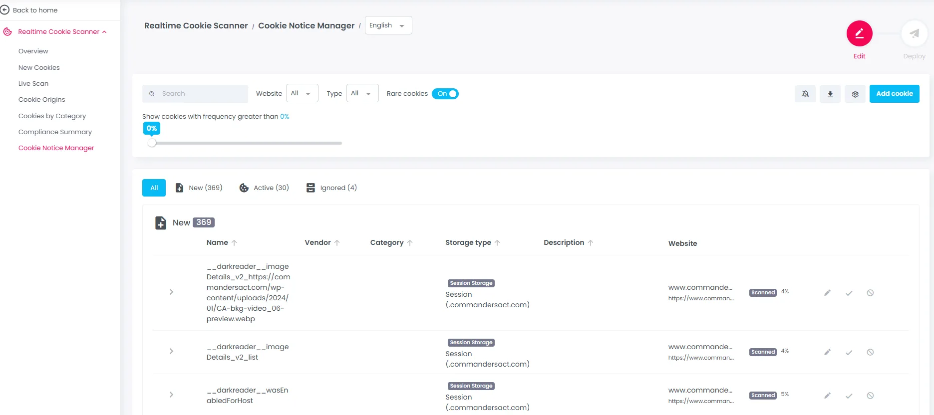 Realtime Cookie Scanner live table