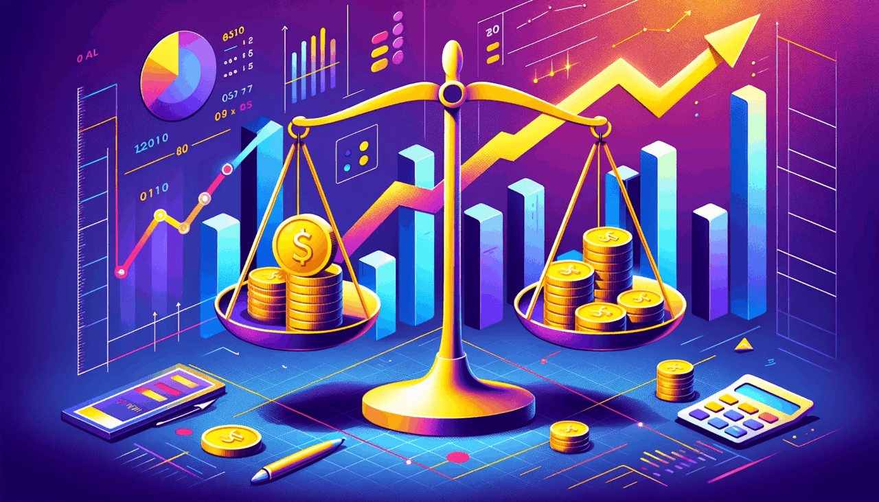 A Symbolic Balance Scale With One Side Holding Gold Coins Or Symbolic Paper Currency To Represent A Media Budget, And The Other Side Featuring Graphic Elements Such As Ascending Arrows Or A Rising Bar Chart To Represent Performance.